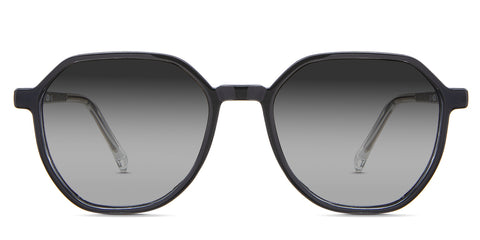 Ash black tinted Gradient sunglasses in the Basalt variant - is a geometric acetate frame with a wide viewing lens and a slim temple arm with frame info imprint inside the left arm.