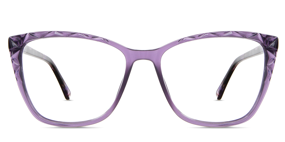 Bethany eyeglasses in the alliums variant - it's a cat-eye-shaped frame with a triangle carving design in the front rim.