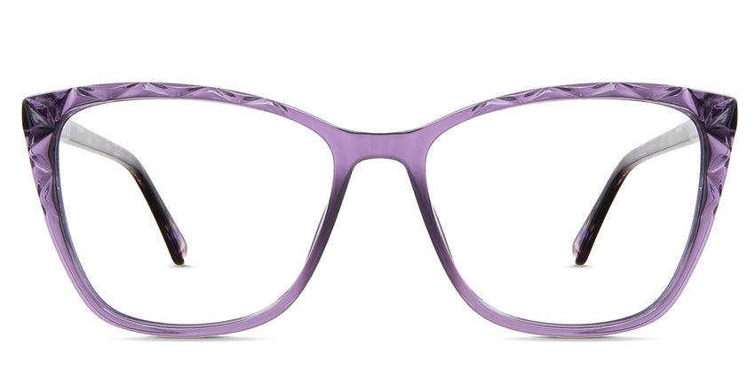 Bethany eyeglasses in the alliums variant - it's a cat-eye-shaped frame with a triangle carving design in the front rim.