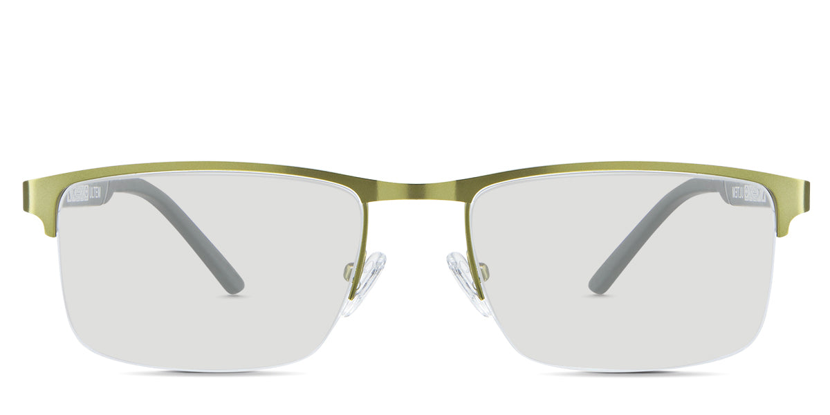 Colson black tinted Standard Solid sunglasses in the lime - are rectangular frames in an ant gold color and have a metal rim and acetate arm.