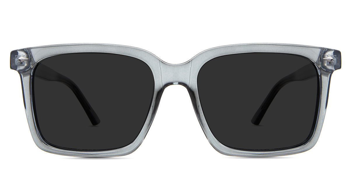 Corbin gray Polarized in the Granite variant - it's a square frame with a U-shaped nose bridge and has frame information imprinted inside the arm.