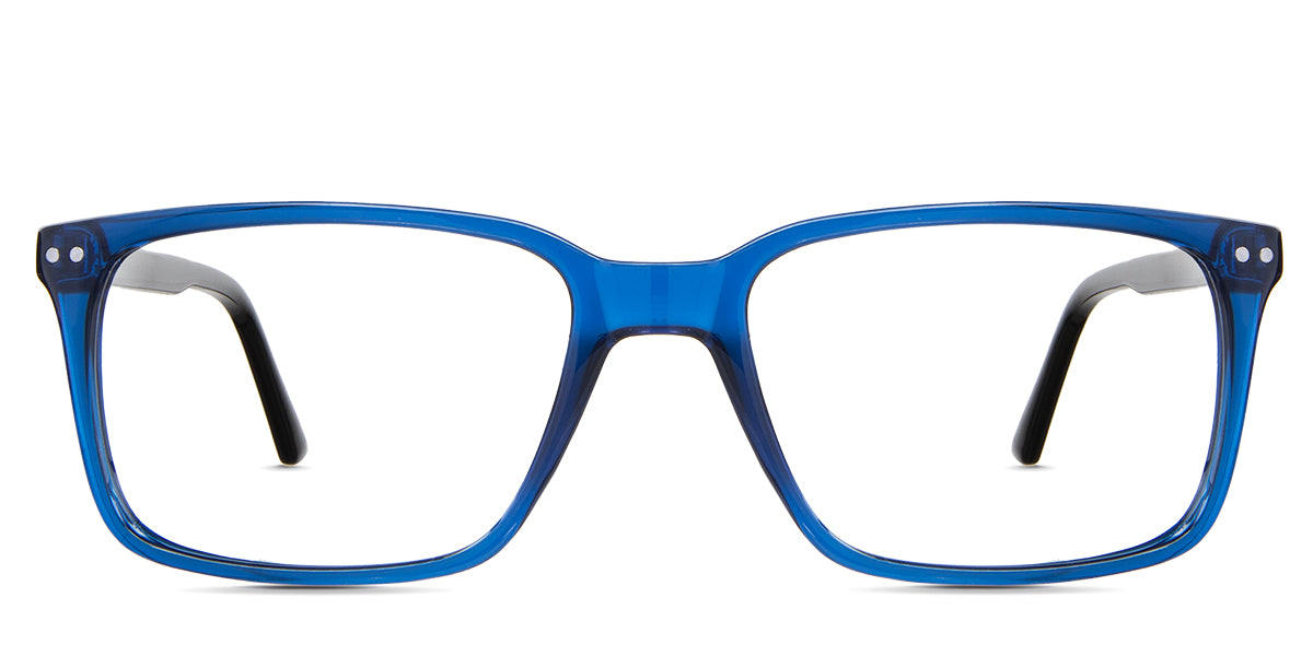 Dante eyeglasses in the navy variant - it's a rectangular frame in color navy and black.