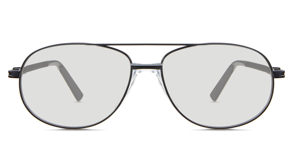 Dax black tinted Standard Solid glasses in the Woodsmoke variant - it's a metal aviator-shaped frame with a flat top bar and a clear built-in nose pad.