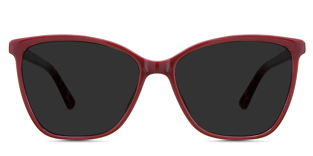 Kimberly gray Polarized in the Burgundy variant - it's a medium cat-eye shape frame with a narrow-width nose bridge and regular-length temples.