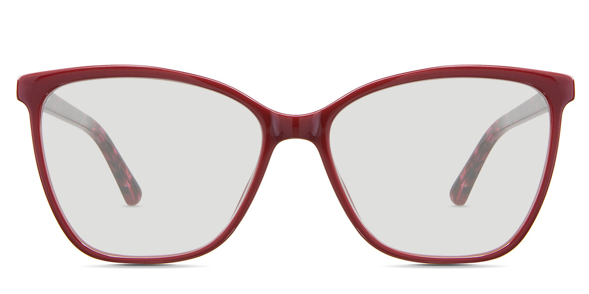 Kimberly black tinted Standard Solid in the Burgundy variant - it's a medium cat-eye shape frame with a narrow-width nose bridge and regular-length temples.