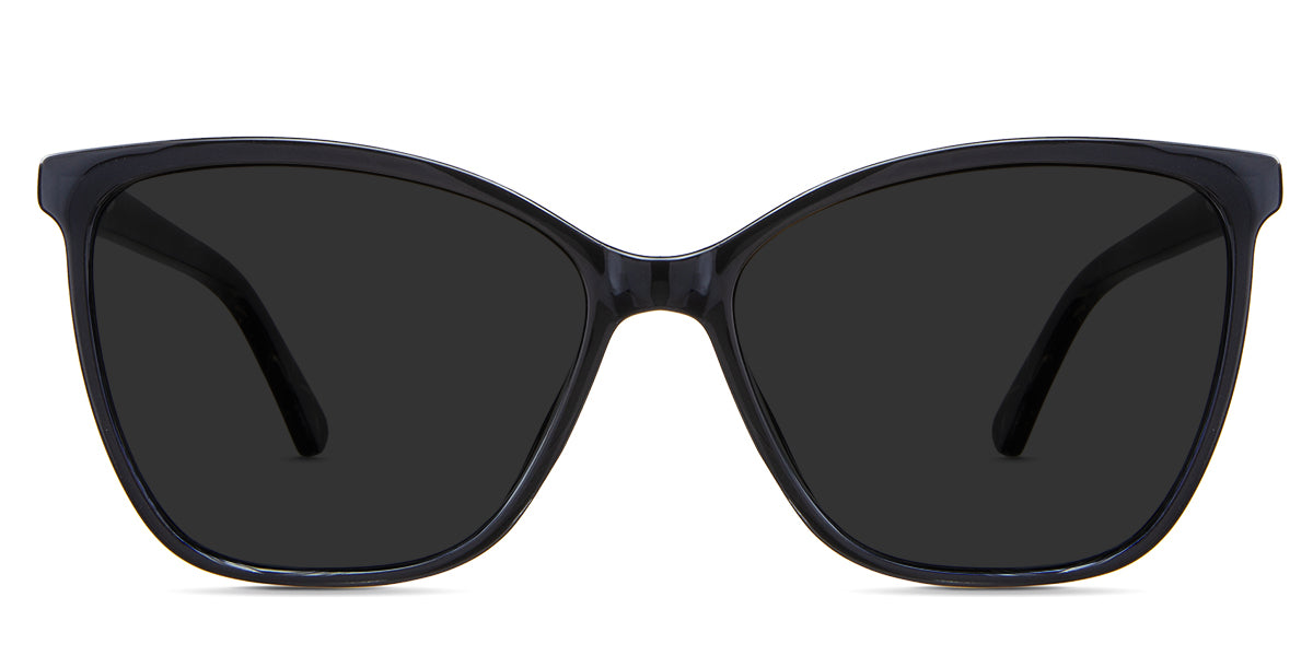 Kimberly black tinted Standard Solid in the Midnight variant - it's a slim full-rimmed with a U-shaped nose bridge and patterned style acetate temples.