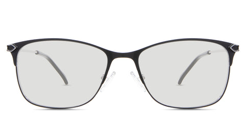 Kira black tinted Standard Solid glasses in the beluga variant - it's a metal frame with a narrow U-shaped nose bridge and a unique design connecting the endpiece to the temple arm.