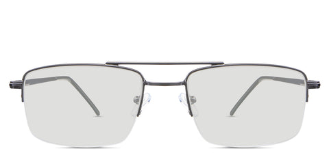 Lister black tinted Standard Solid glasses in the Stout variant - is a half-rimmed rectangular frame with a straight brow bar.