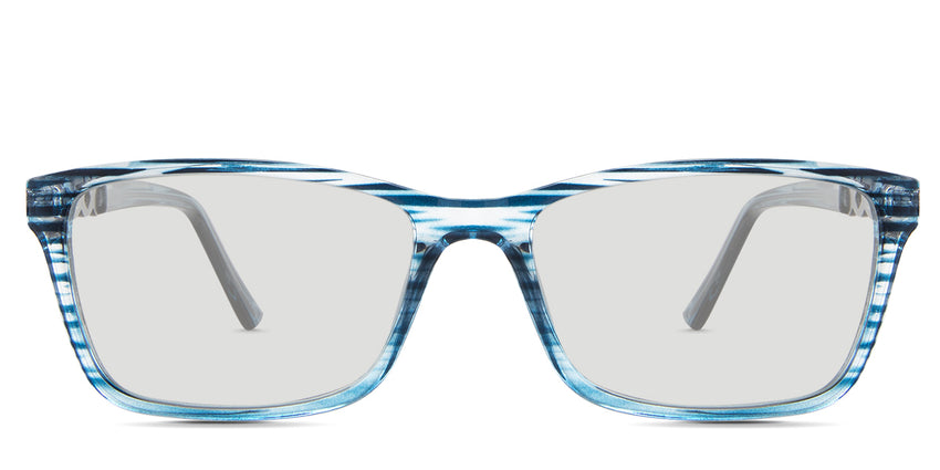 Lyndon black tinted Standard Solid in the Kyanite variant - it's a rectangular frame with a low nose bridge and has a diamond design in the arm.