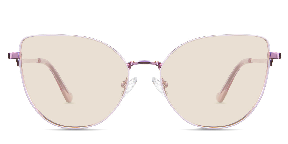 Margo Beige Tinted Solid in the Lotus variant - it's a cat-eye-shaped frame with a narrow nose bridge of 15mm and short temples.