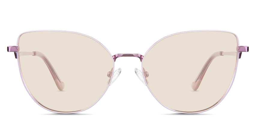 Margo Beige Tinted Solid in the Lotus variant - it's a cat-eye-shaped frame with a narrow nose bridge of 15mm and short temples.