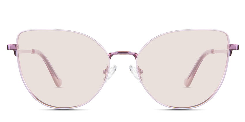 Margo Rose Tinted Solid in the Lotus variant - it's a cat-eye-shaped frame with a narrow nose bridge of 15mm and short temples.