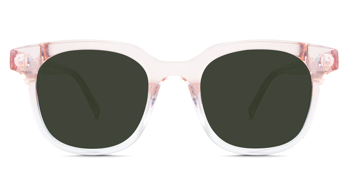 Sailor Green Polarized Solid in the Tulip variant - it's a square frame with a curvy edge, a high nose bridge, and a visible wire core in the arm.