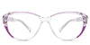 Serena eyeglasses in the cattleya variant - it's a full-rimmed frame with purple flower patterns.