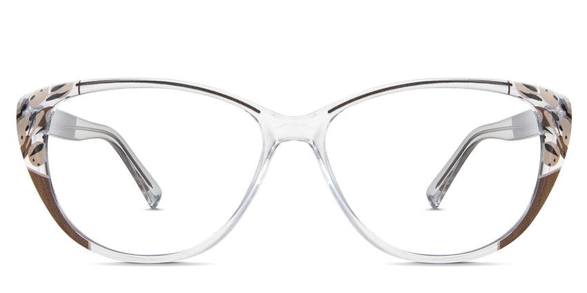 Serena eyeglasses in the cliffbush variant - it's a transparent frame with a brown flower pattern on the rim.