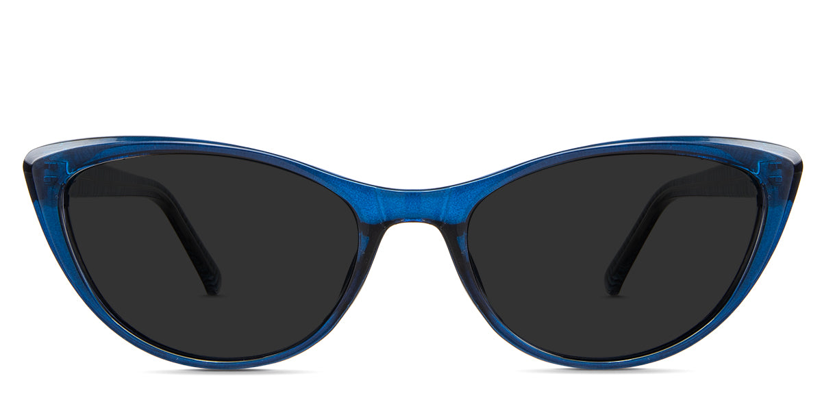 Tinsley Gray Polarized in the T.Navy variant - it's a cat-eye-shaped frame with a pointed end piece and has a stripe-pattered design inside the arm.