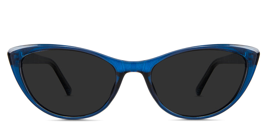 Tinsley Gray Polarized in the T.Navy variant - it's a cat-eye-shaped frame with a pointed end piece and has a stripe-pattered design inside the arm.