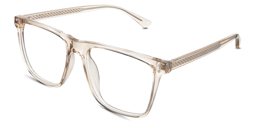 Zayden eyeglasses in the pyrite variant - it's a tall frame with straight cut top-rimmed.