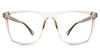 Zayden eyeglasses in the pyrite variant - it's a square frame with two silver embosses on the end piece.