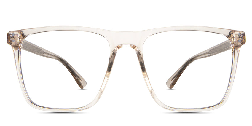 Zayden eyeglasses in the pyrite variant - it's a square frame with two silver embosses on the end piece.