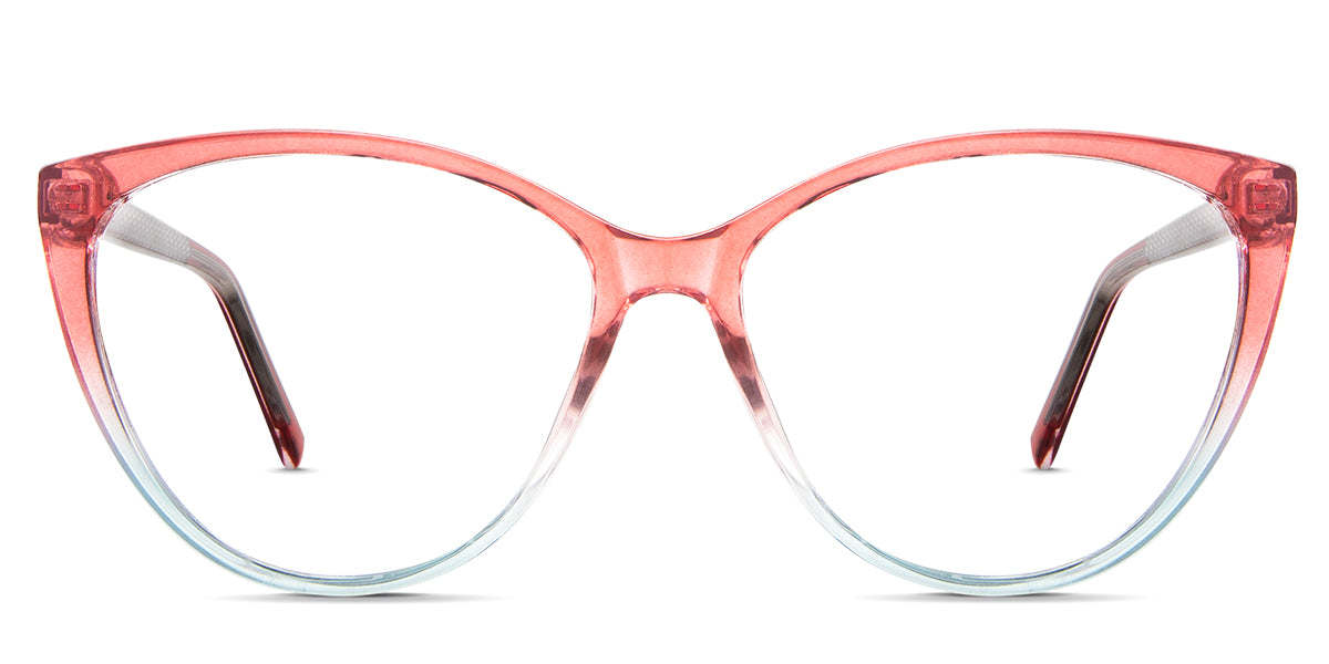 Zora eyeglasses in the coneblush variant - it's a full-rimmed acetate frame in color gradient pink and blue.