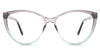 Zora eyeglasses in the mist variant - it's a cat-eye-shaped frame in the gradient gray and blue.